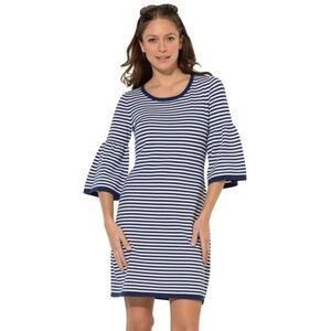 Sail to Sable • Striped Bell Sleeve Dress sweater knit mini navy blue white